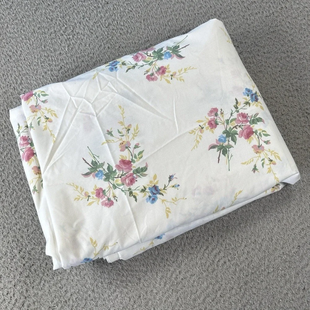Lauren Ralph Lauren King Flat Sheet Sateen Cottagecore White Pink Blue Floral